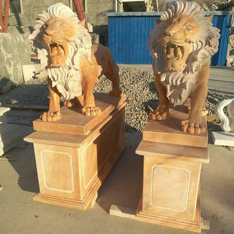 Pink Granite Stone Animal Lion Carving for Garden