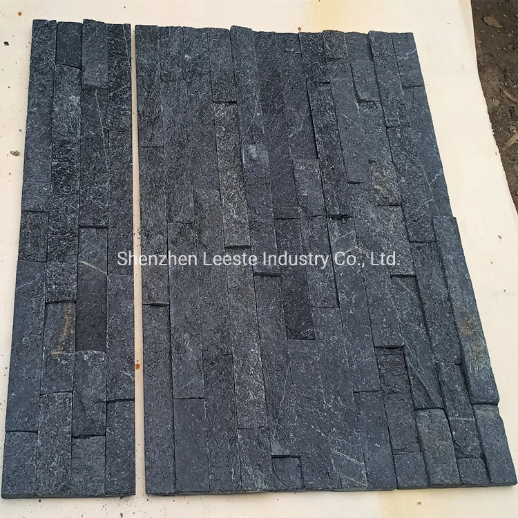 China Natural Veneer Black Quartzite Stacked Exterior Culture Stone Wall Cladding Panel