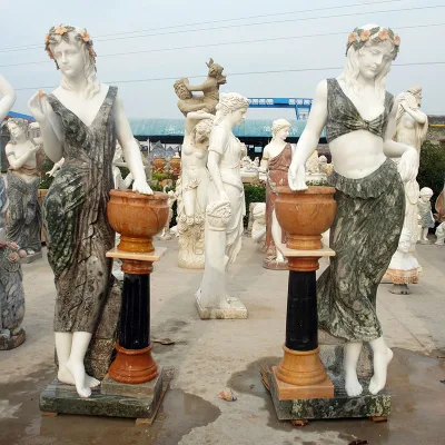 Mobili da giardino in pietra, vaso da fiori in marmo massiccio naturale intagliato a mano con statue di donne