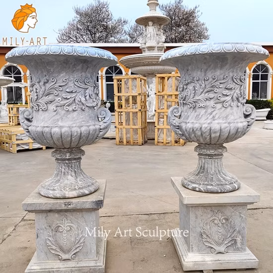 Vaso da fiori su misura in marmo bianco intagliato a mano per giardino per la decorazione